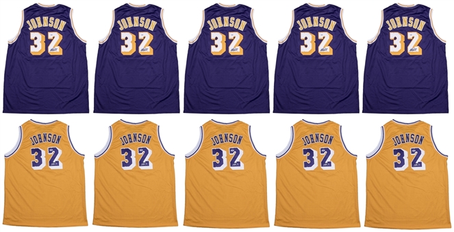 Lot of (10) Magic Johnson Signed Los Angeles Lakers Jerseys (5 Home & 5 Away)  (PSA/DNA) 